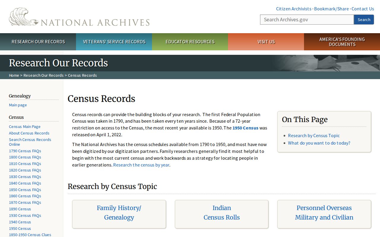 National Archives census research gateway for historical households
