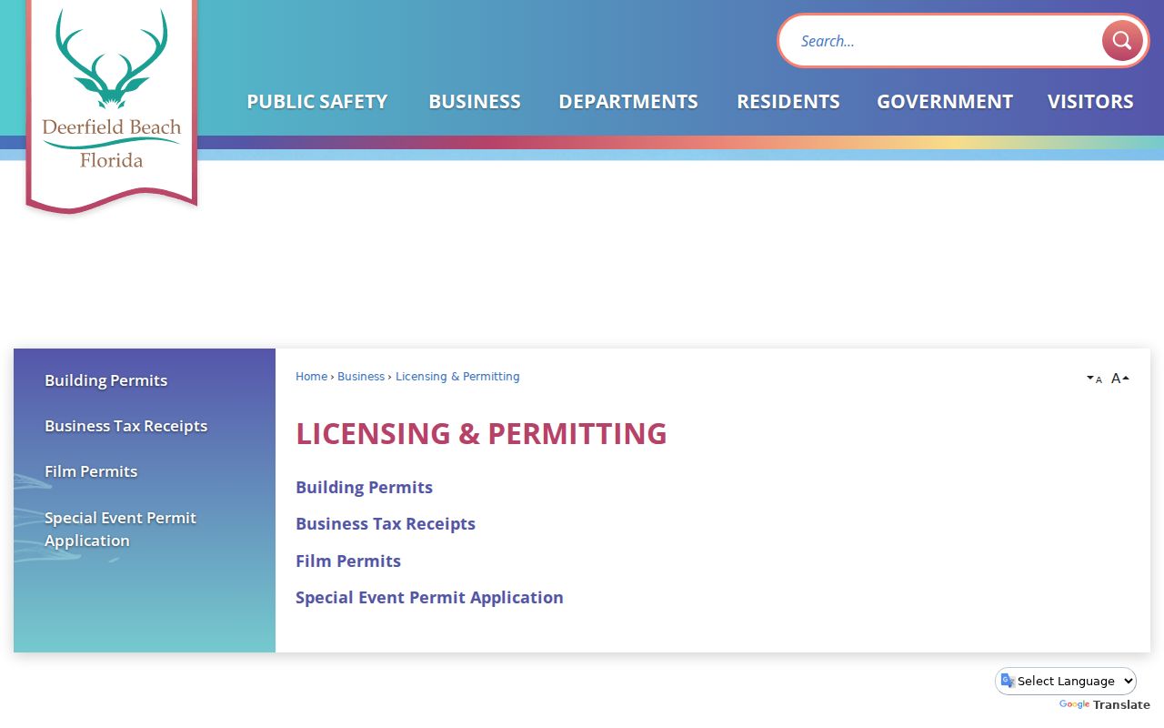 Deerfield Beach licensing and permitting page used for public block research