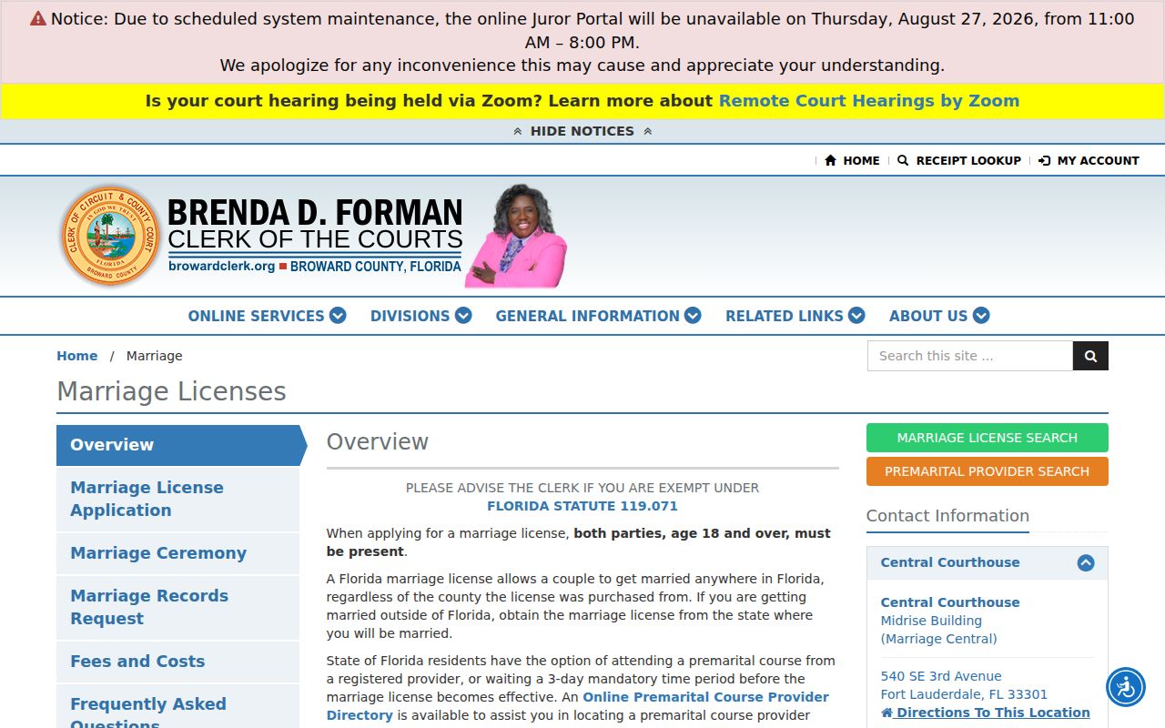 Broward Clerk marriage records page for Deerfield Beach family research