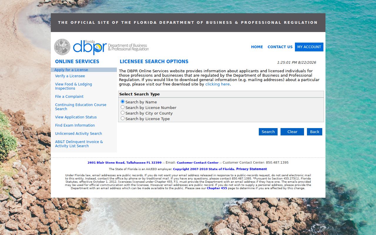 Florida DBPR professional license search options