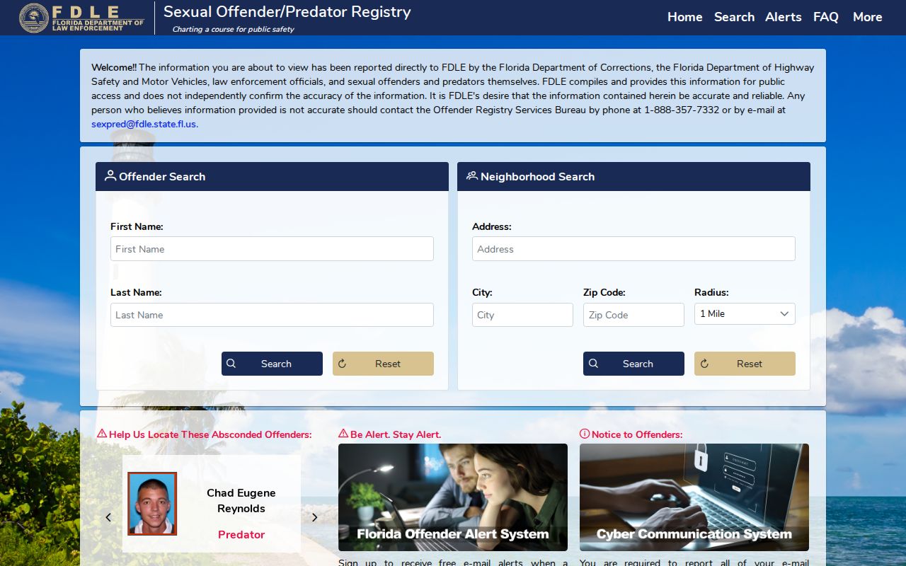 Florida FDLE sexual offender and predator search controls