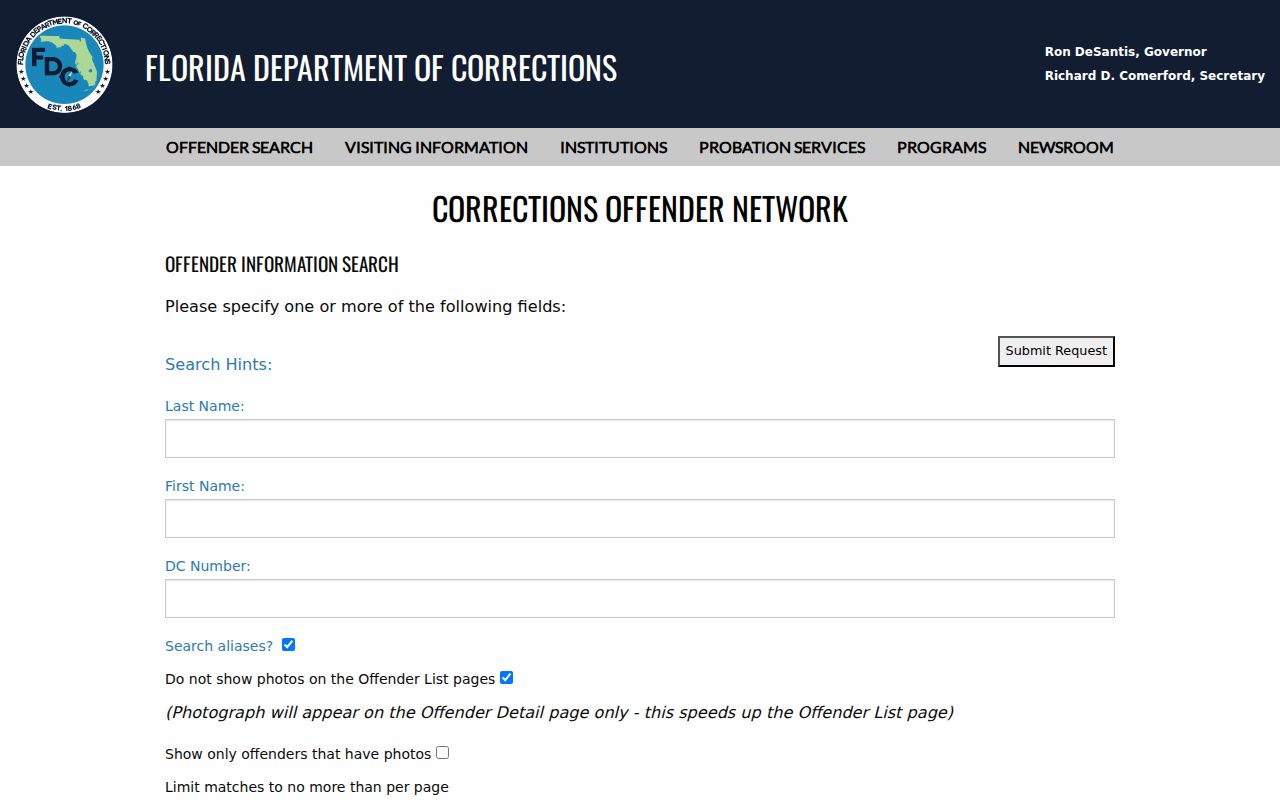 Florida Department of Corrections offender information search page