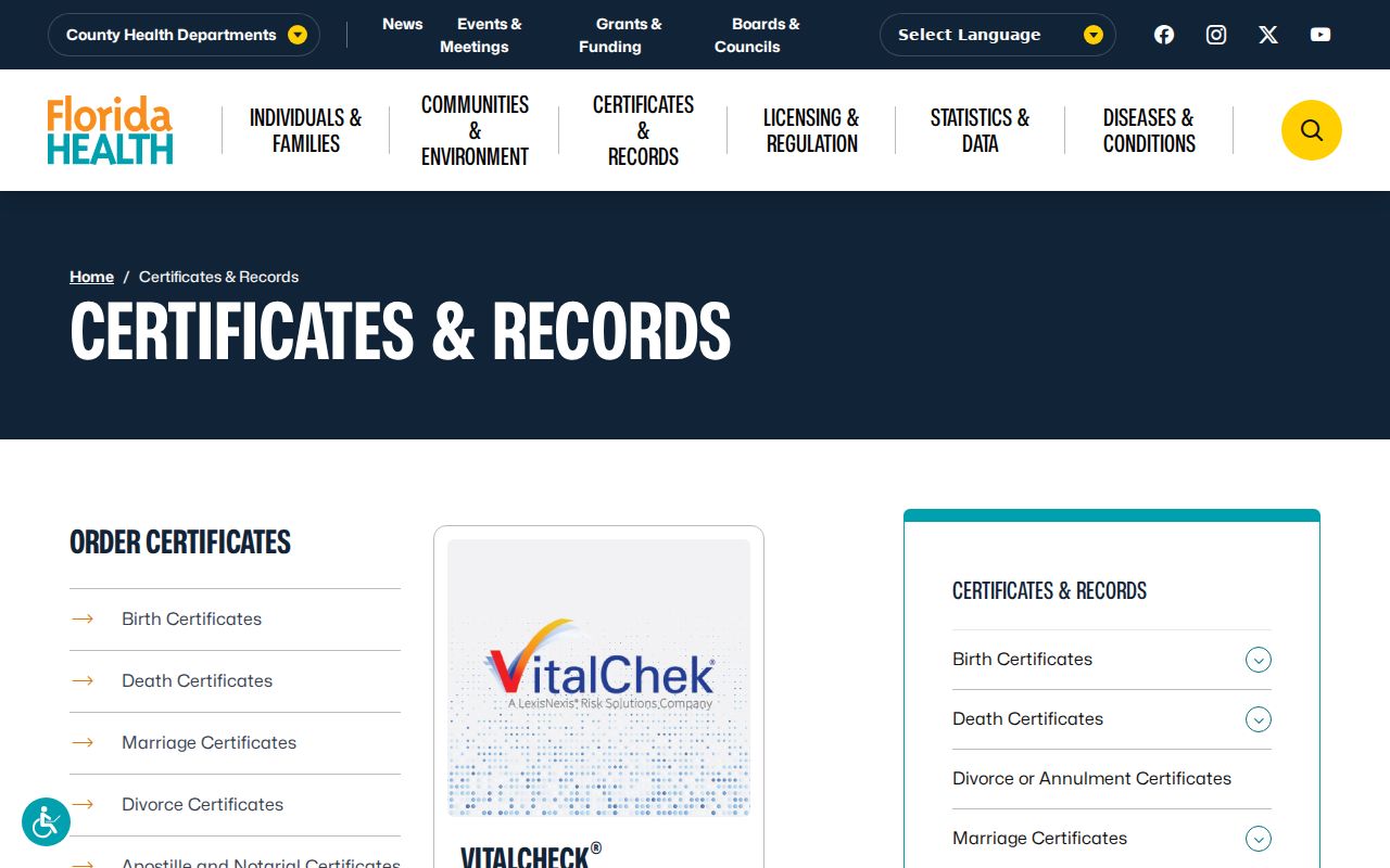 Florida Department of Health certificates and records ordering gateway